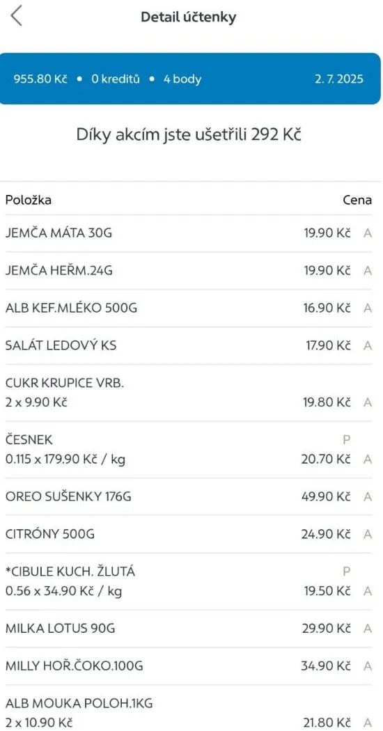 Zobrazení detailu účtenky