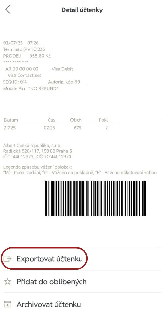 Tlačítko Exportovat účtenku