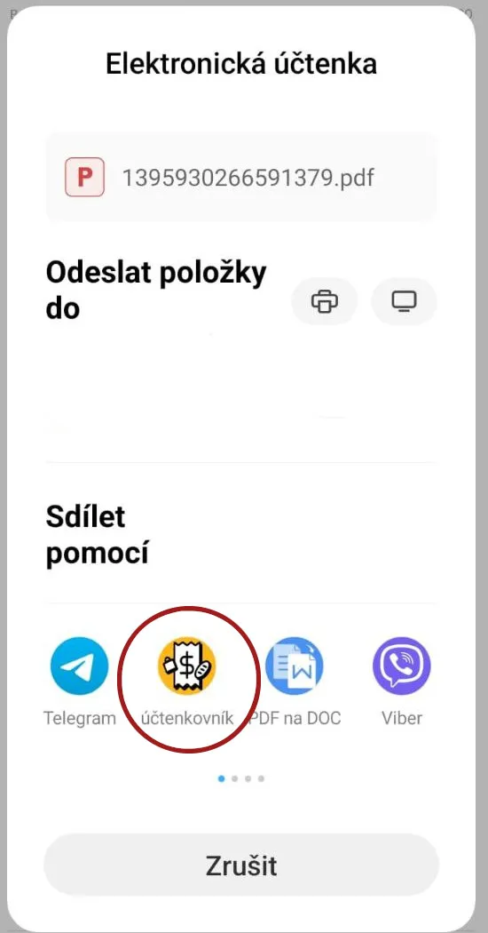 Sdílet pomocí -> Účtenkovník