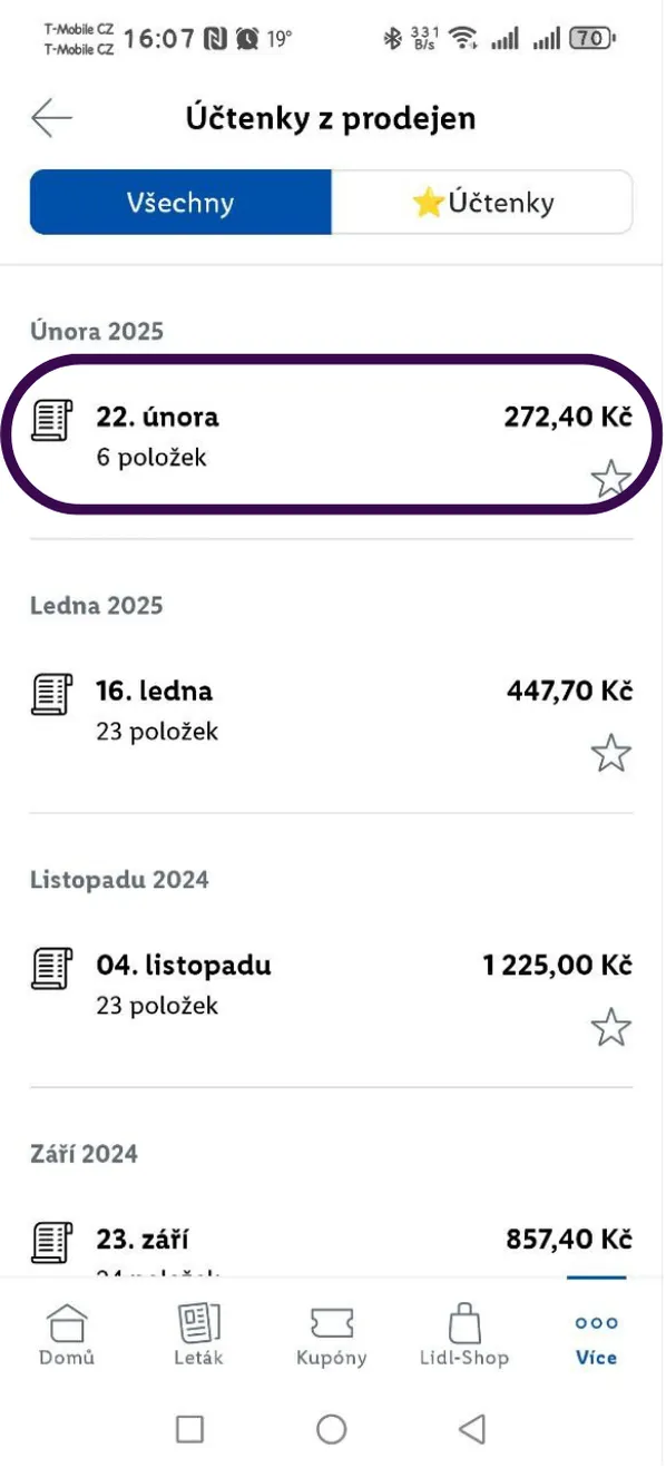 Účtenky z prodejen > Volba konkrétní účtenky