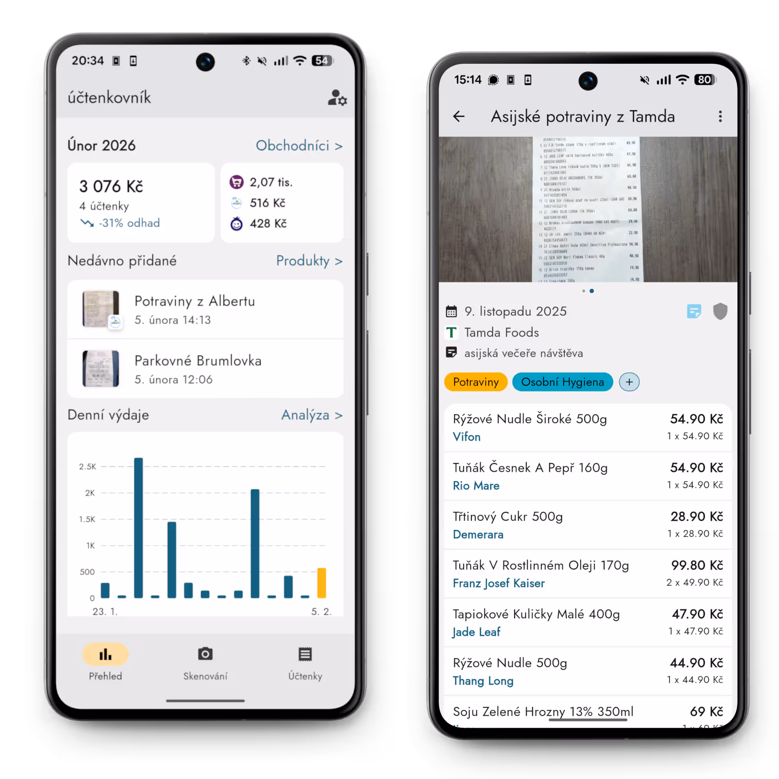 Přehled výdajů v aplikaci Účtenkovník