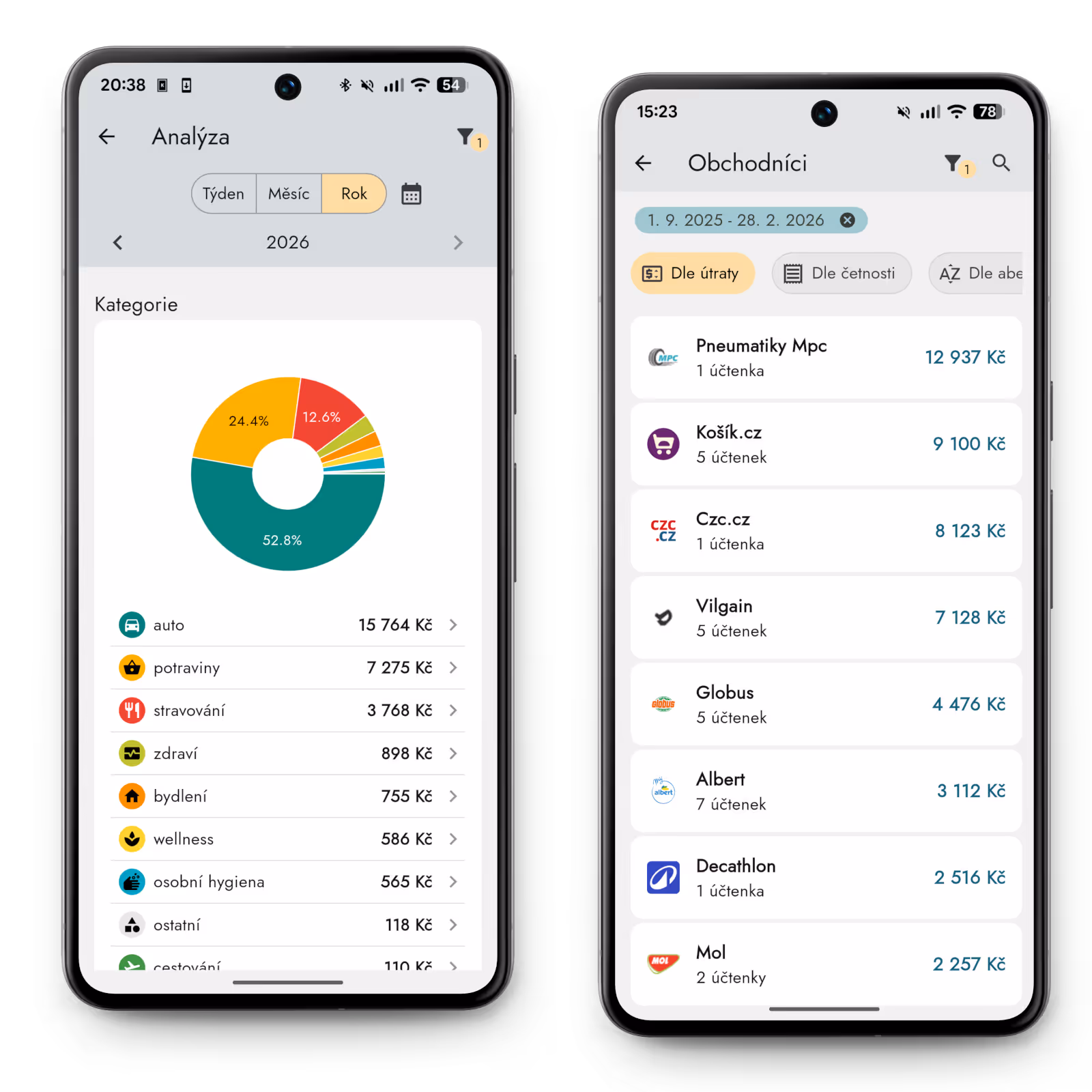 Kategorie a obchodníci v aplikaci Účtenkovník