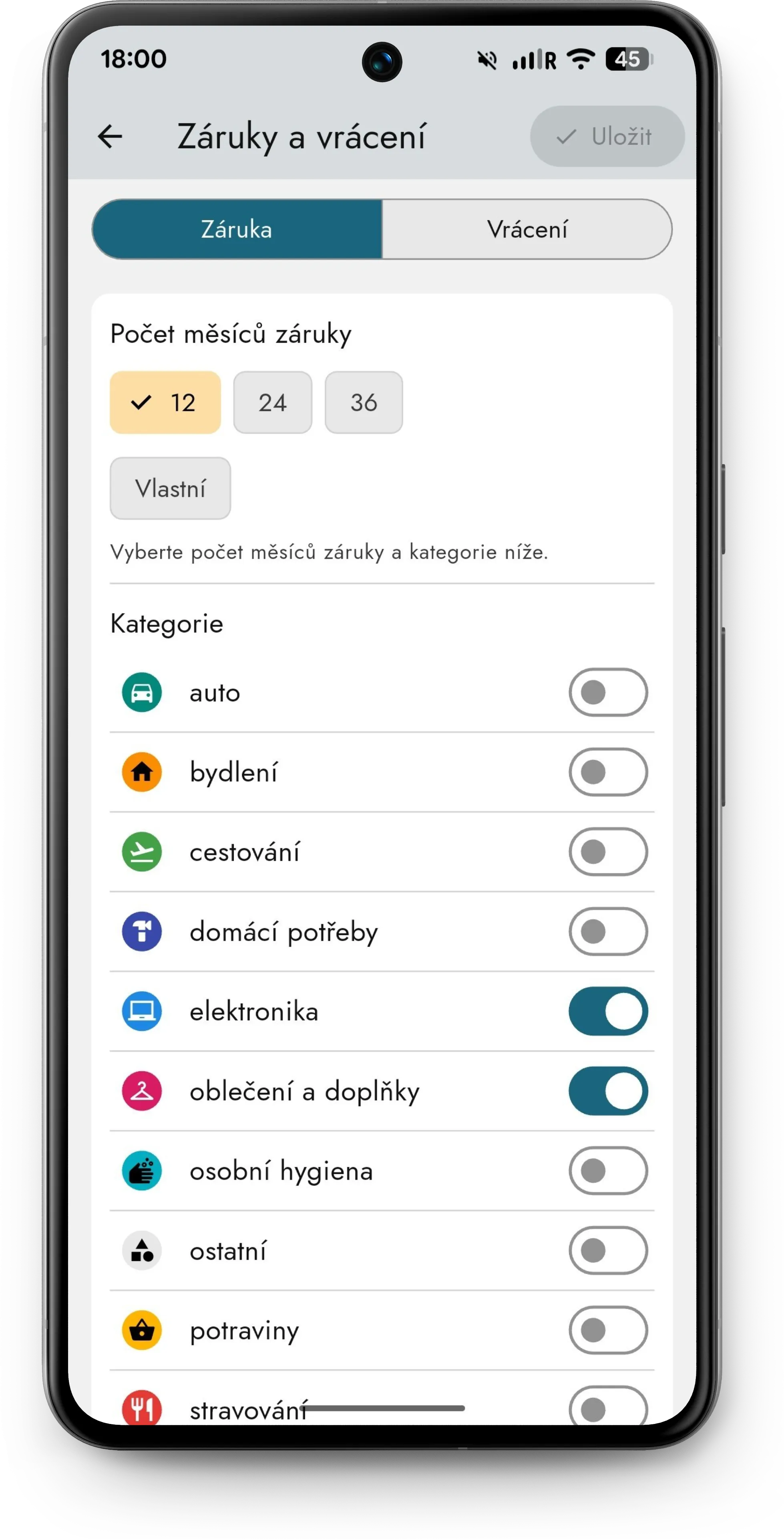 Nastavení záruk podle kategorií