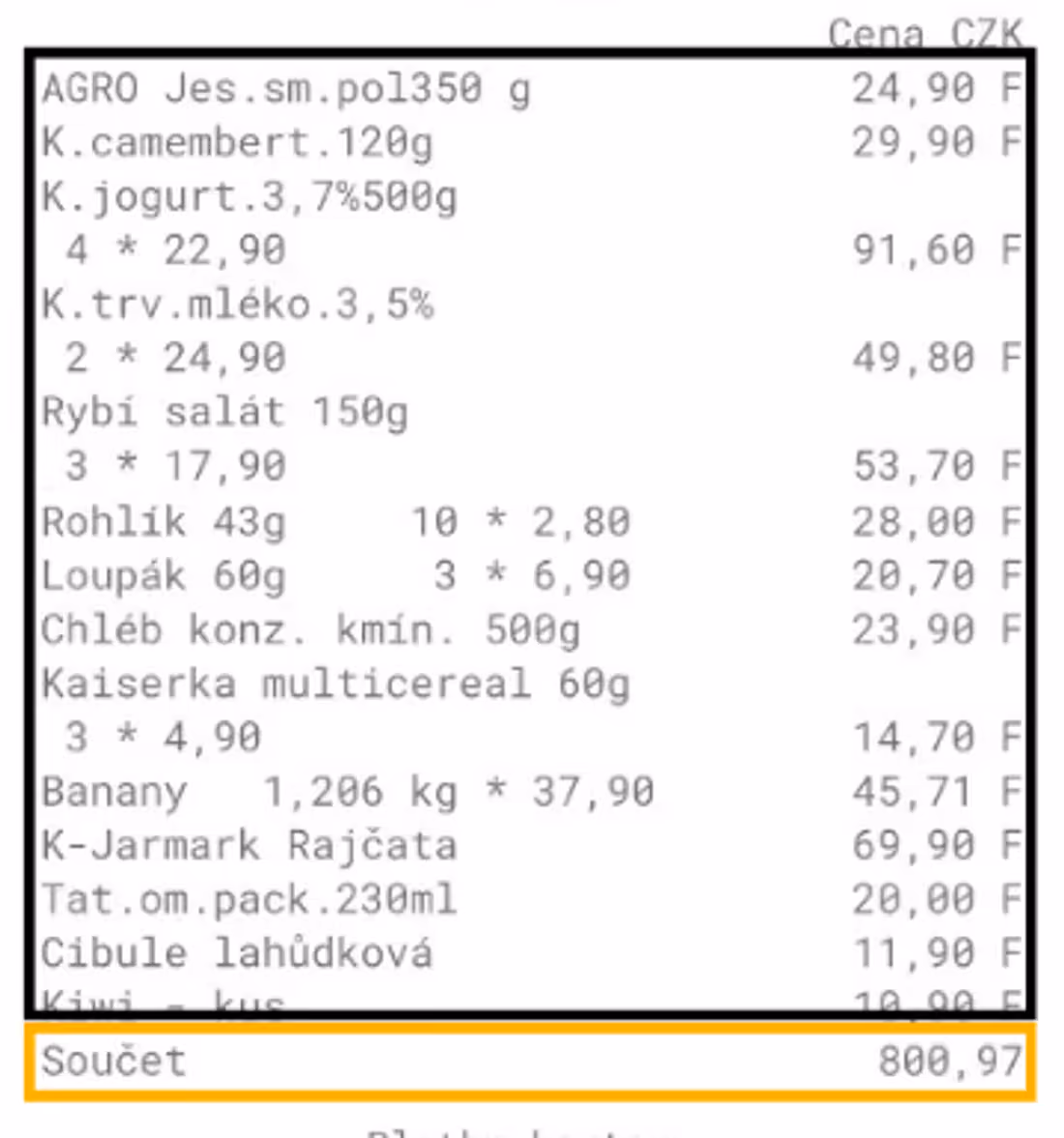 A receipt: sixteen line items with prices, and below them a single total